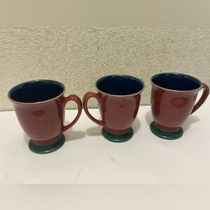 Denby England Harlequin 3 Footed Mugs Red Blue Green Stoneware Dishwasher Safe